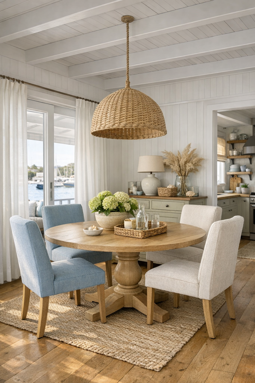 Coastal dining room with round pedestal table, woven pendant, and soft neutral finishes