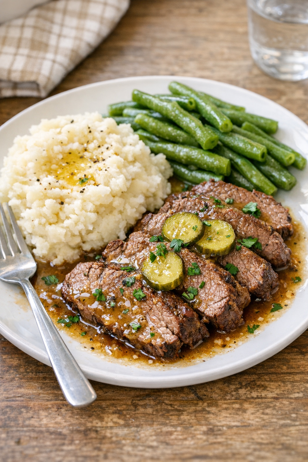 Finished baked beef shoulder tender sliced and plated with tangy pan juices