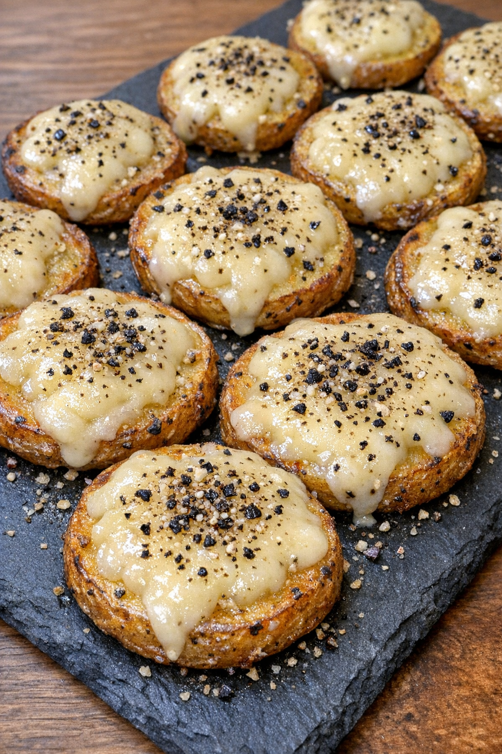 Golden roasted potato rounds topped with melted manchego cheese and cracked black pepper