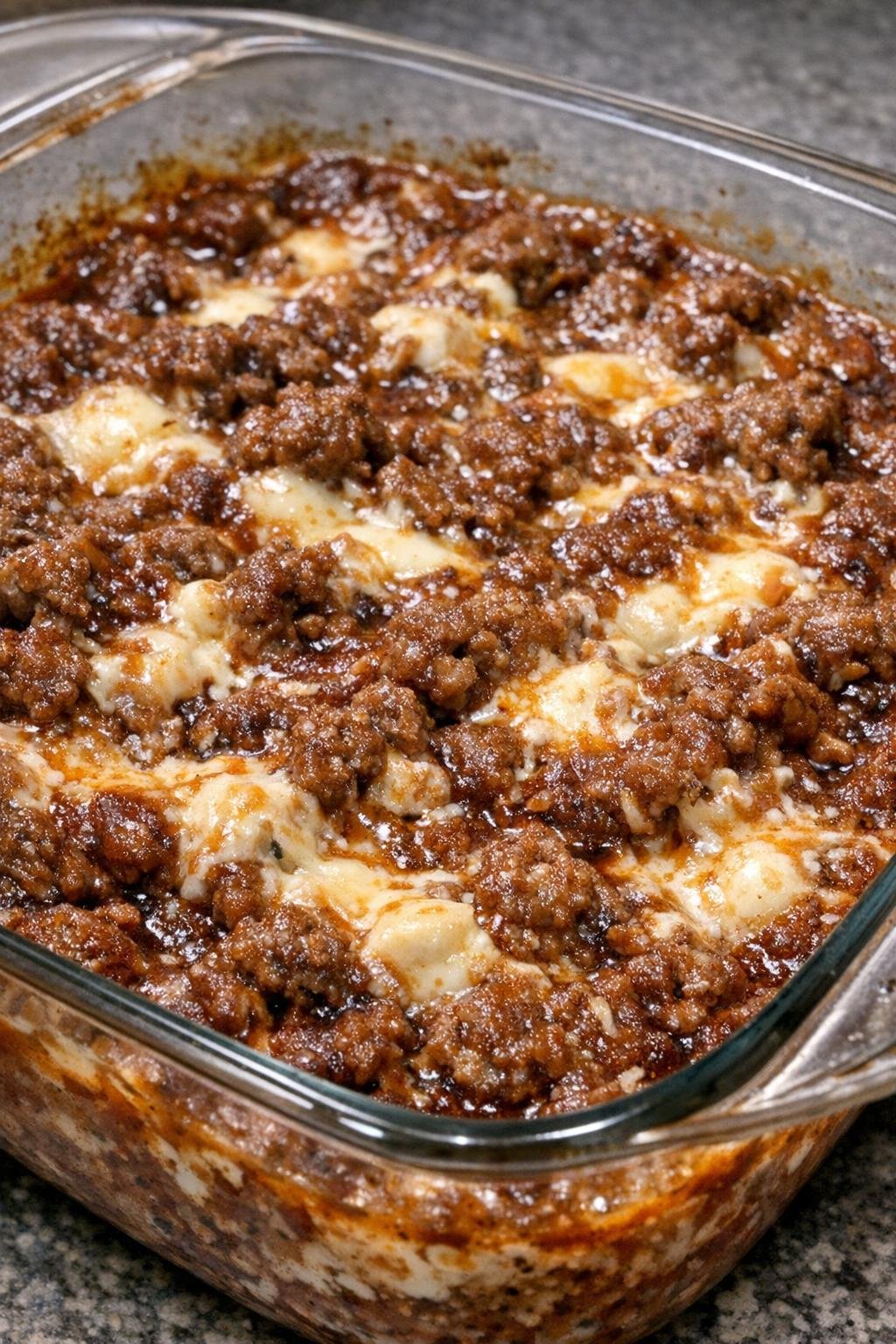 Oven baked 3-ingredient beef chili dip in a glass casserole dish