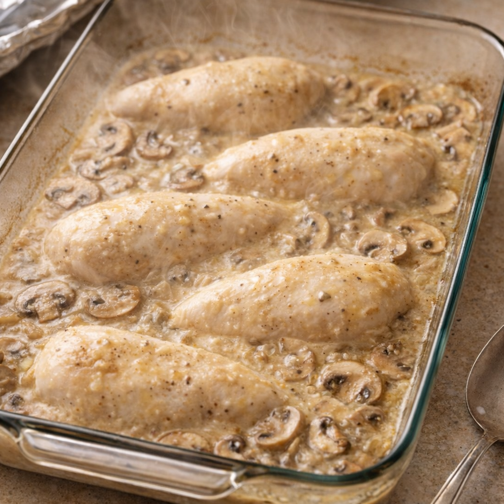Partially baked mushroom chicken after foil is removed