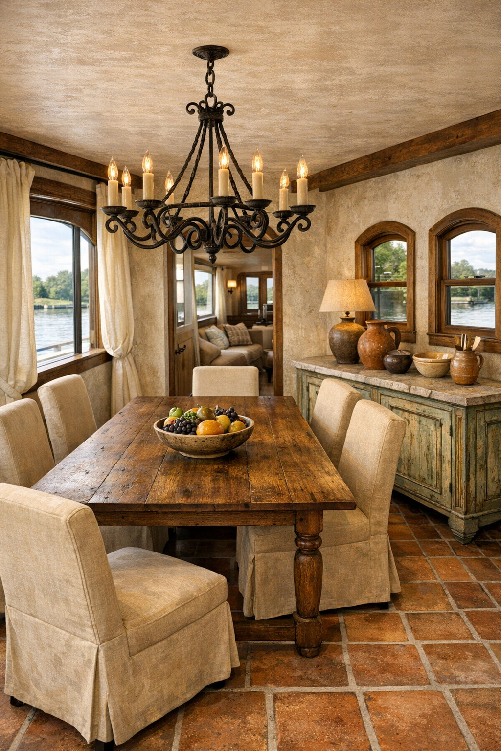 Warm Tuscan dining room with walnut table, upholstered chairs, and wrought-iron chandelier