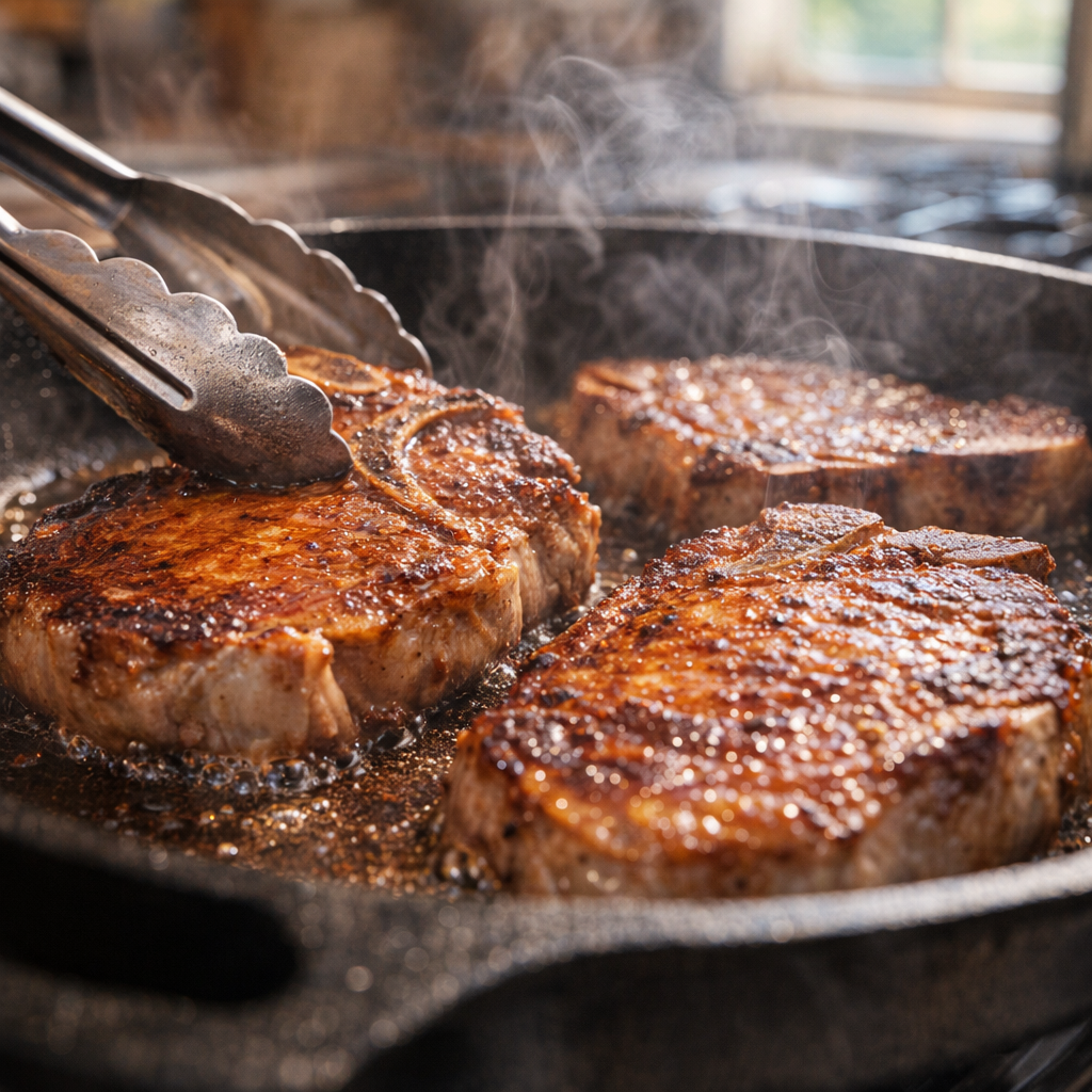 Pork chops browning in a skillet