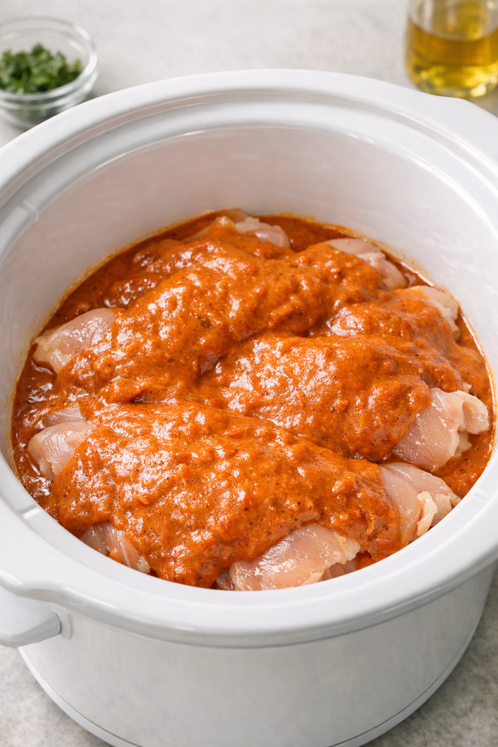Chicken covered with tikka masala sauce in a slow cooker
