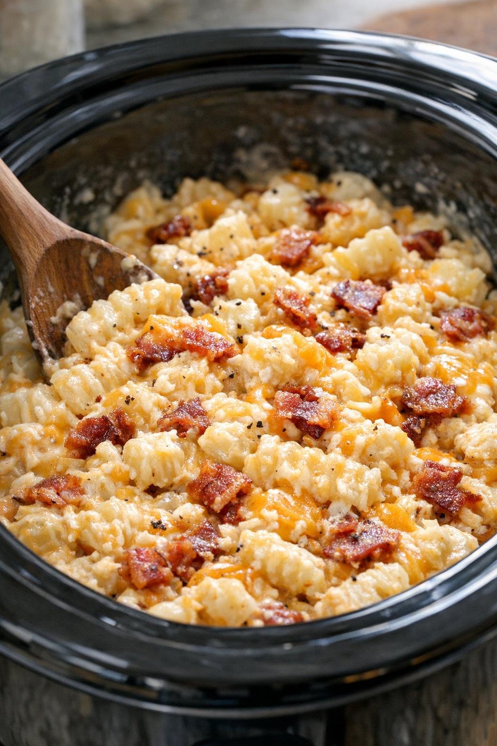 Een mengsel van kaas en aardappelrösti, geroerd in de slowcooker.