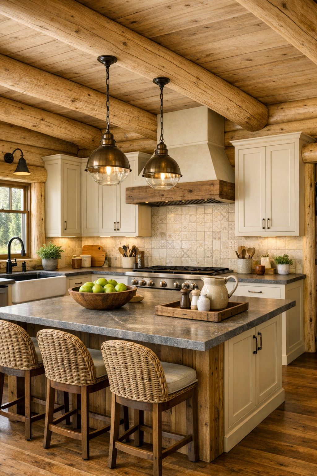 Kitchen with cream cabinetry, honed stone counters, and a large central island in a log home