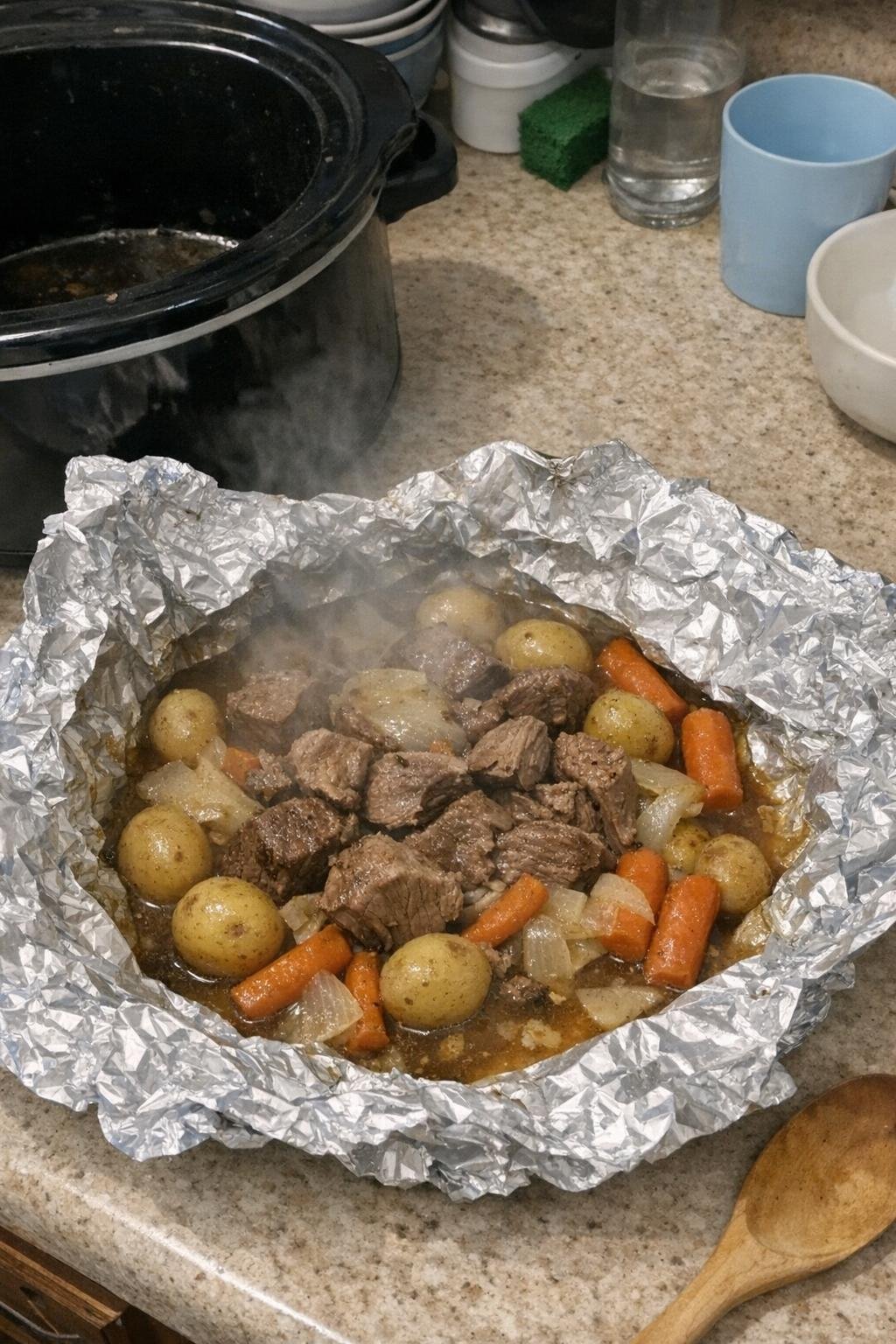 Foil packet pot roast with baby potatoes, carrots and onion soup mix