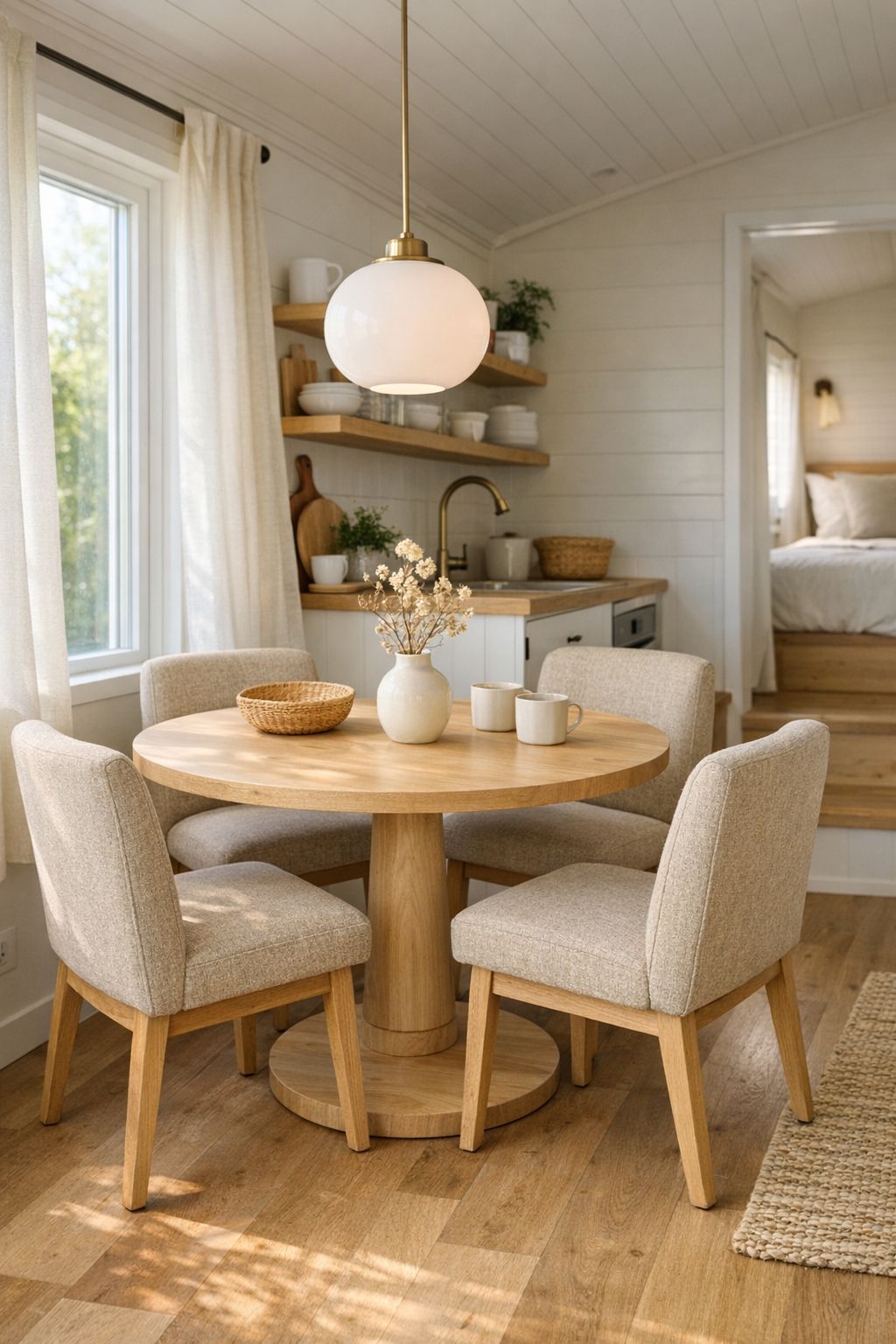 Round dining nook in a pearl-toned tiny home with light wood table
