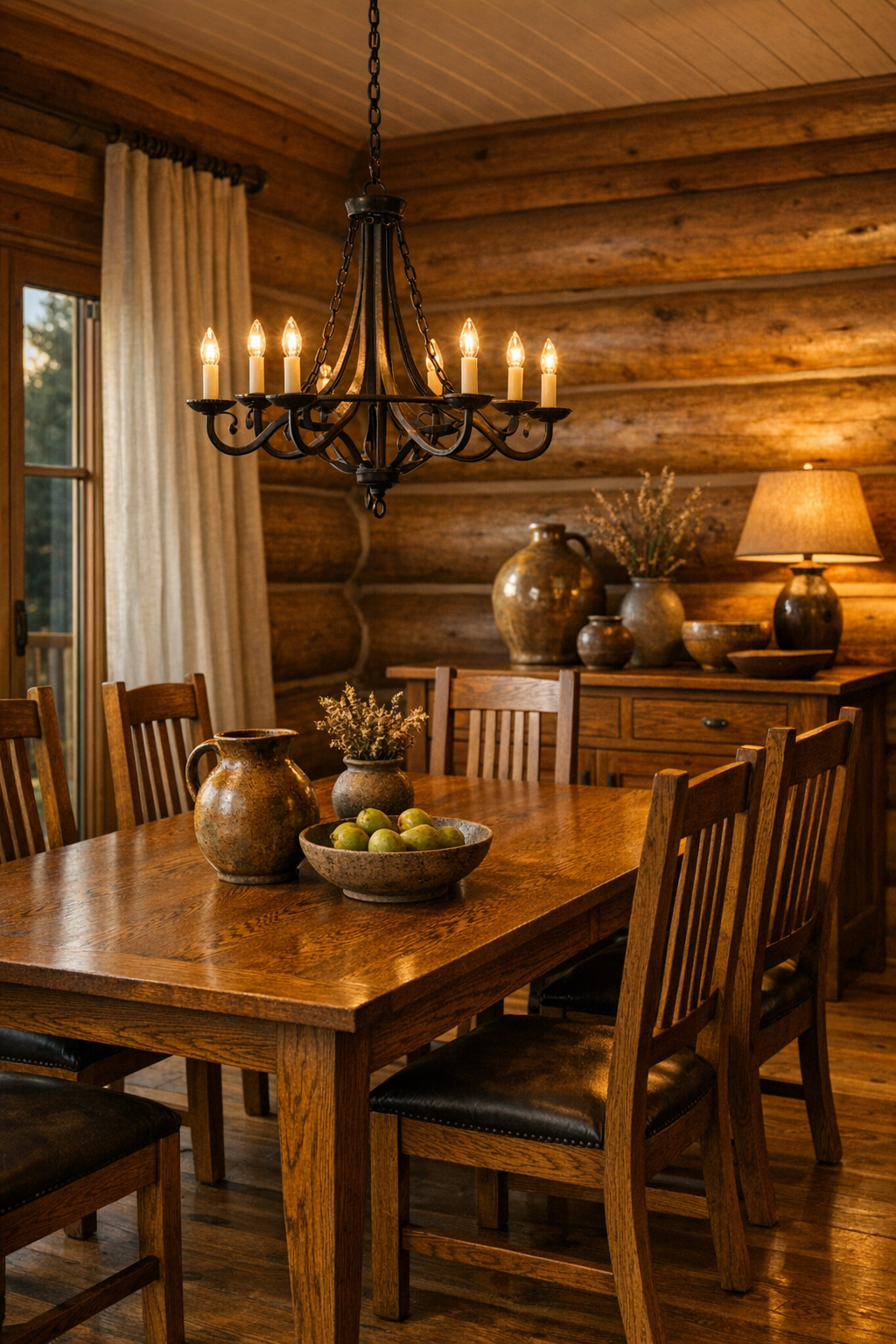 Dining room with Amish-crafted oak table, high-back chairs, and warm chandelier light