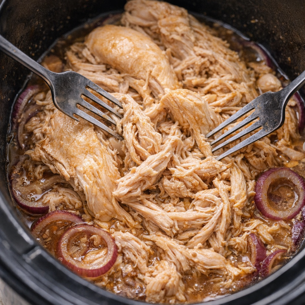 Tender cooked chicken being shredded in the slow cooker