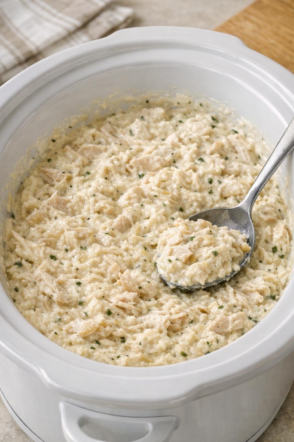 Finished creamy ranch turkey dip in a white slow cooker