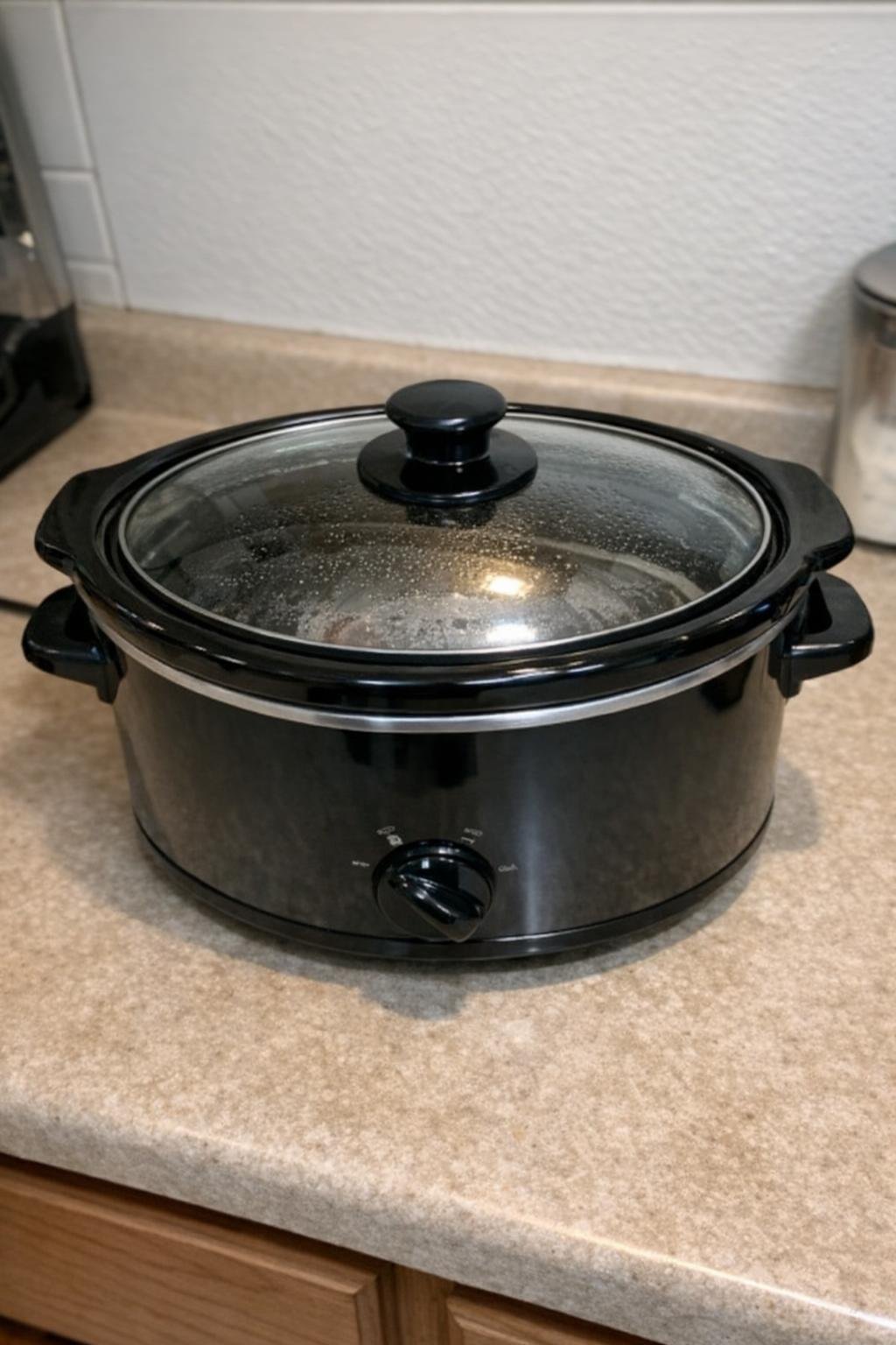 Slow cooker covered and ready to cook