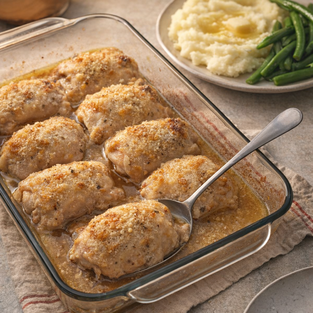 Farmhouse-style baked chicken thighs on a weeknight supper table