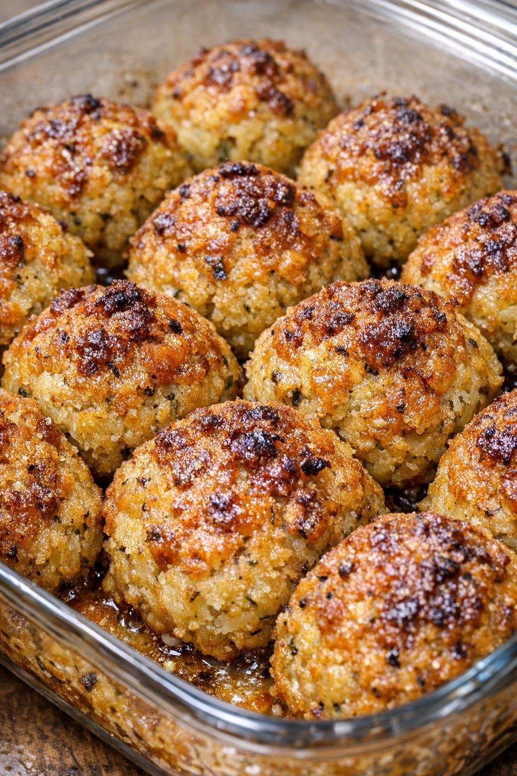 Southern stuffing balls baked until golden brown in a glass casserole dish