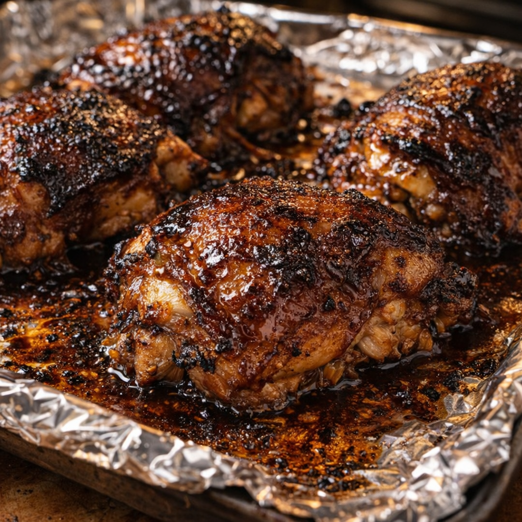 Broiled chicken thighs with caramelized skin on a foil-lined tray