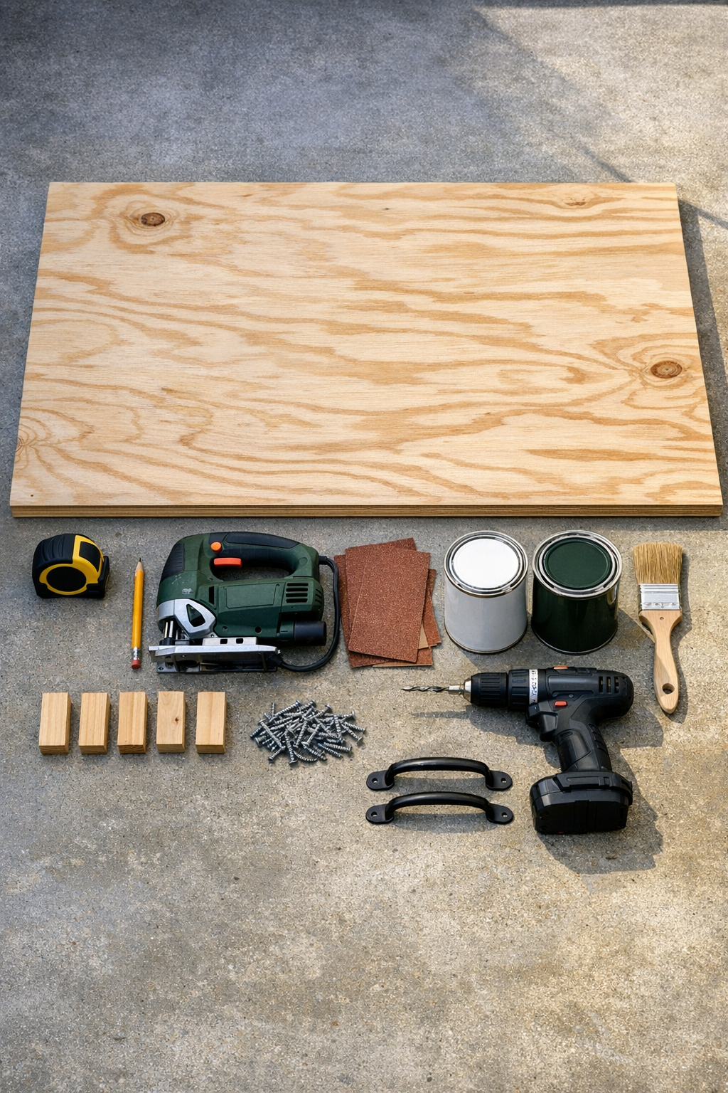 Materials for a plywood fire pit cover table laid out together