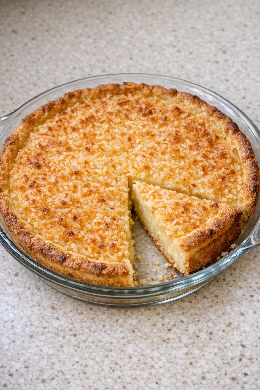Finished coconut custard pie in a glass pie plate