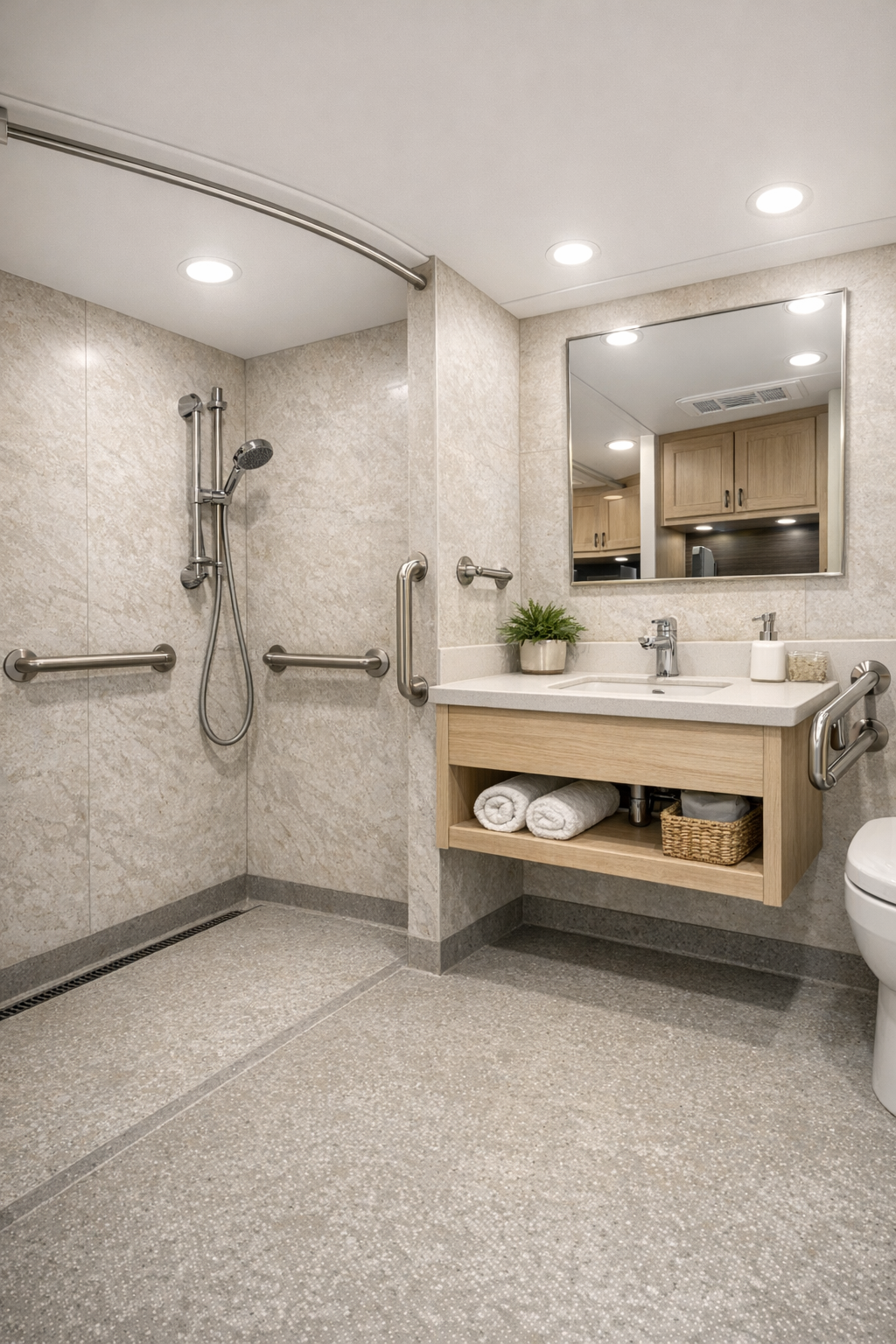 Modern accessible RV bathroom with curbless shower, pale wood vanity, and light stone-look walls