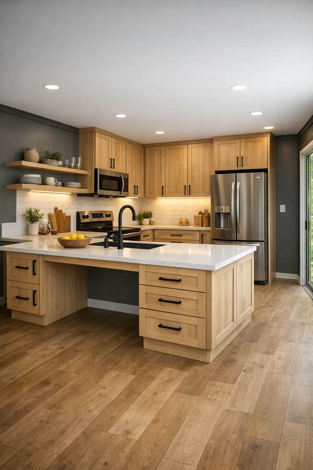 Accessible kitchen with light cabinetry, quartz counters, pale wood accents, and wide open work areas