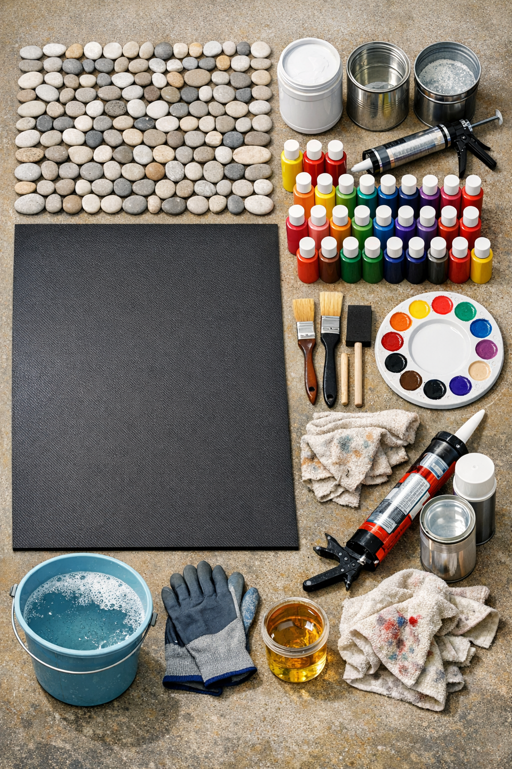 All materials for a painted river rock patio rug laid out neatly