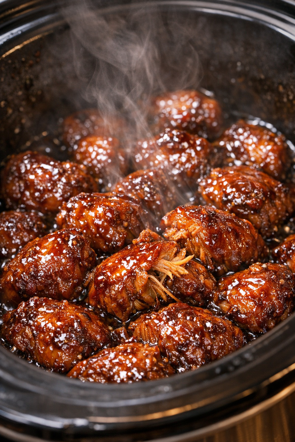 Sticky caramelized protein bites in a slow cooker