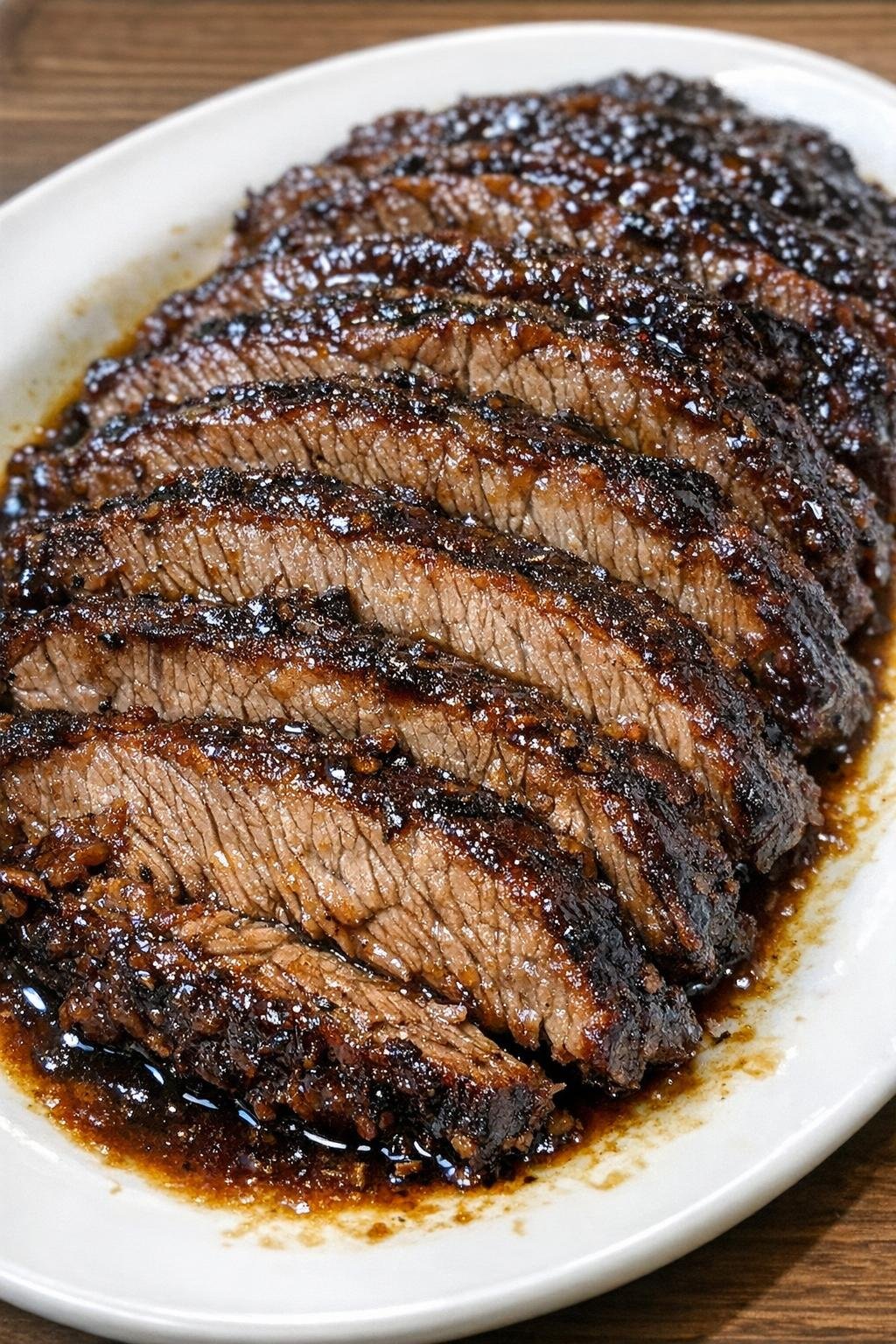 Tender sliced beef brisket with dark caramelized glaze on a white oval platter