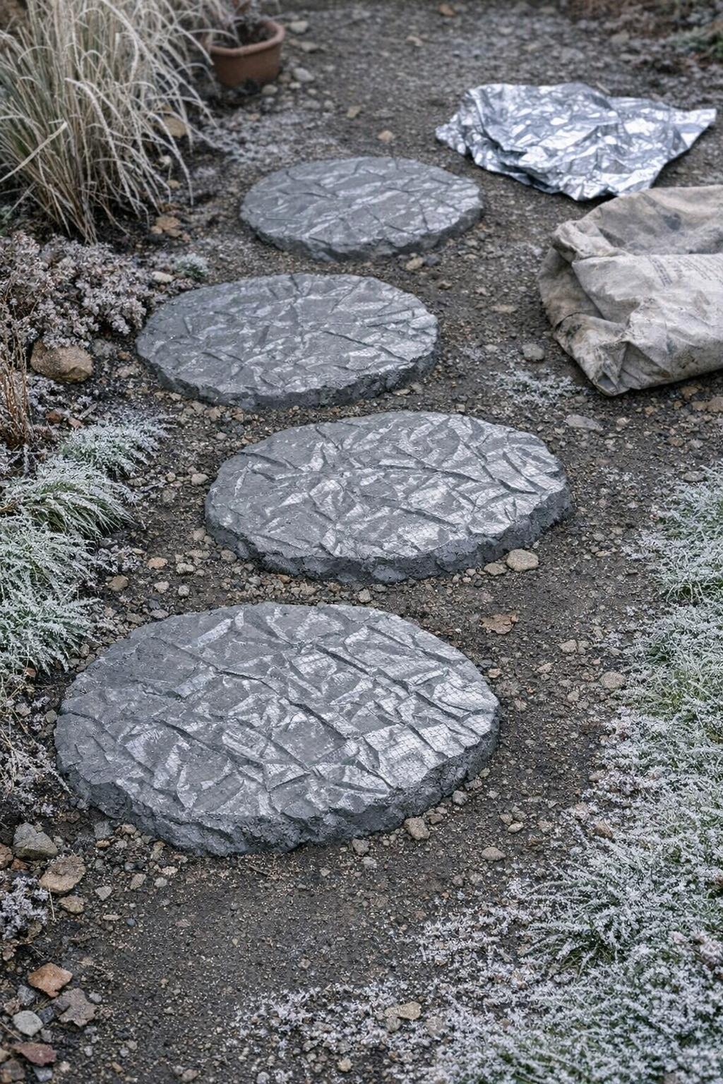 Textured concrete stepping stones on a frosty garden path