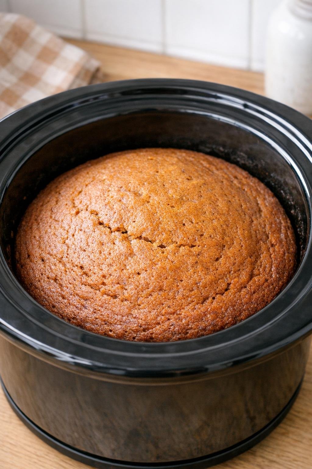 Gebakken kruidencake die in de slowcooker staat te rusten.