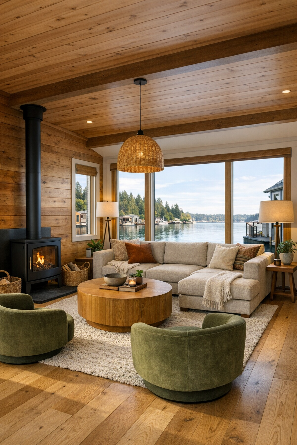 Warm accessible living room with cedar walls, large windows, and soft neutral seating