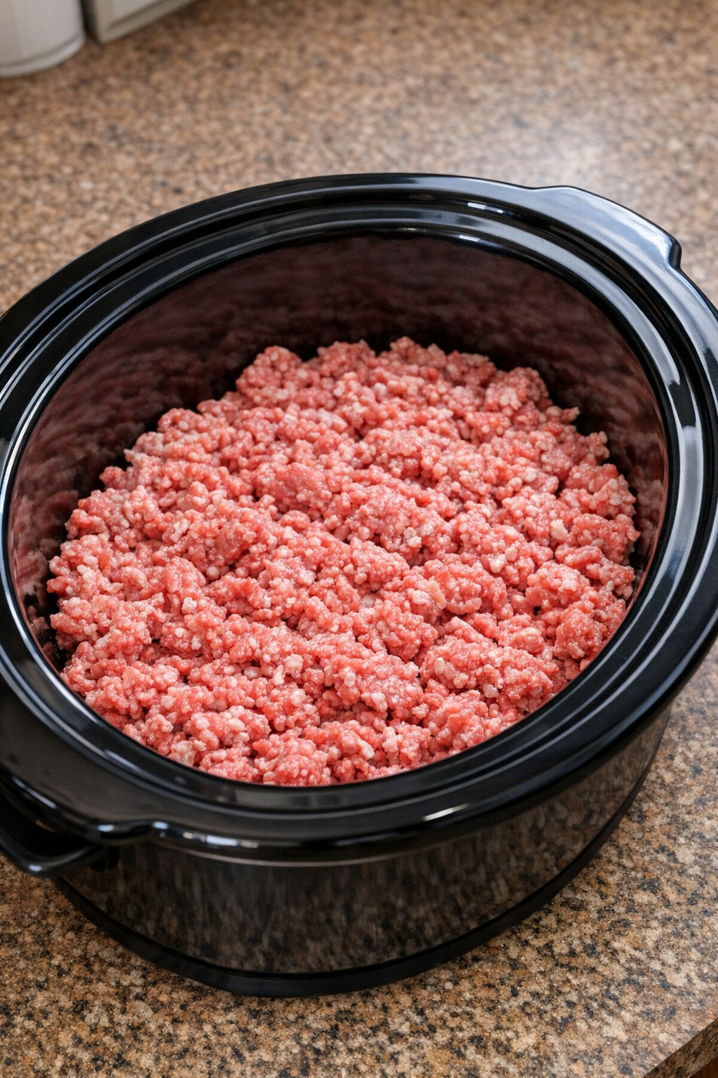 Raw ground beef spread in the bottom of a slow cooker