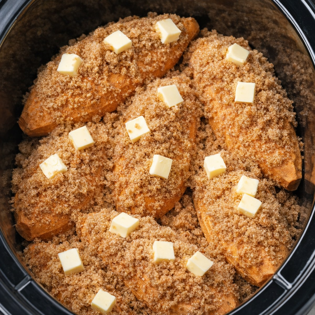Brown sugar and butter scattered over sweet potatoes before cooking