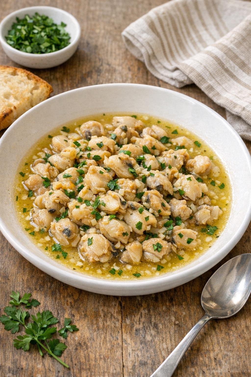 Finished slow cooker clam meat served in a shallow bowl