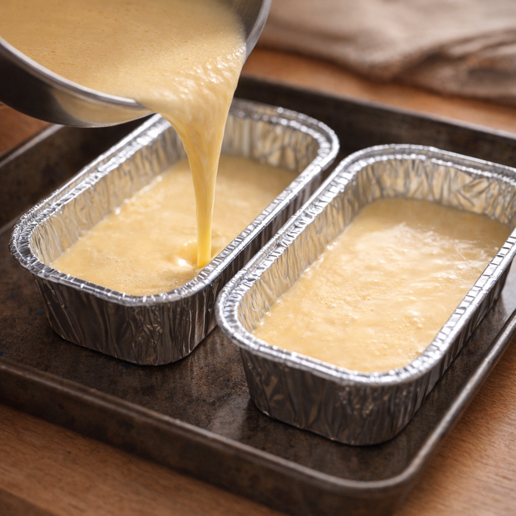 Custard mixture being poured into foil trays