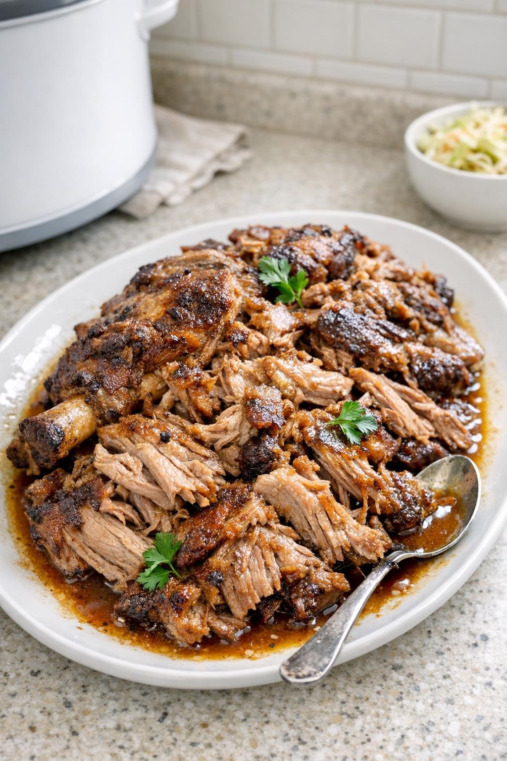 Finished slow cooker pork shoulder plated with cooking juices