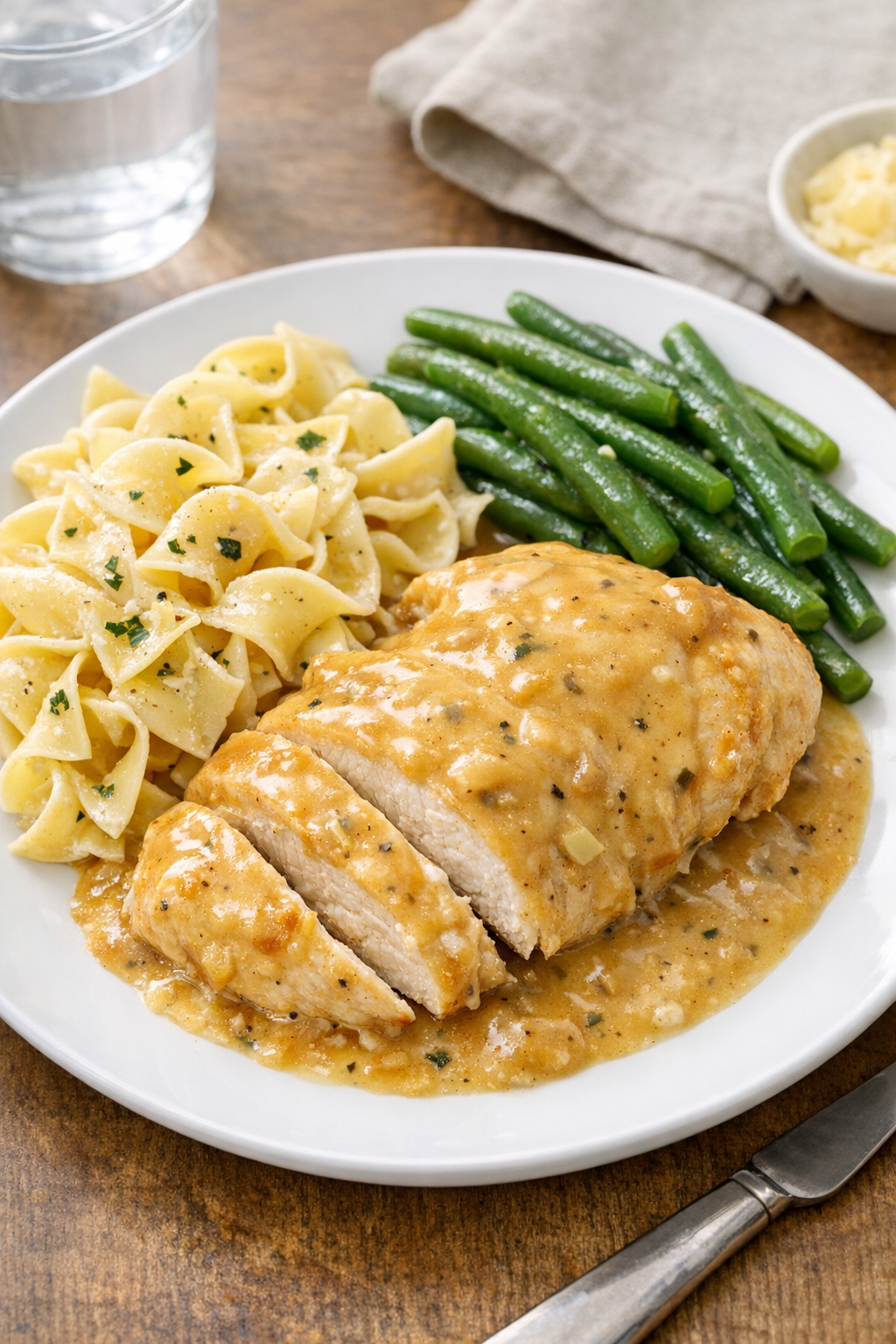 Finished plated slow cooker chicken with creamy sauce