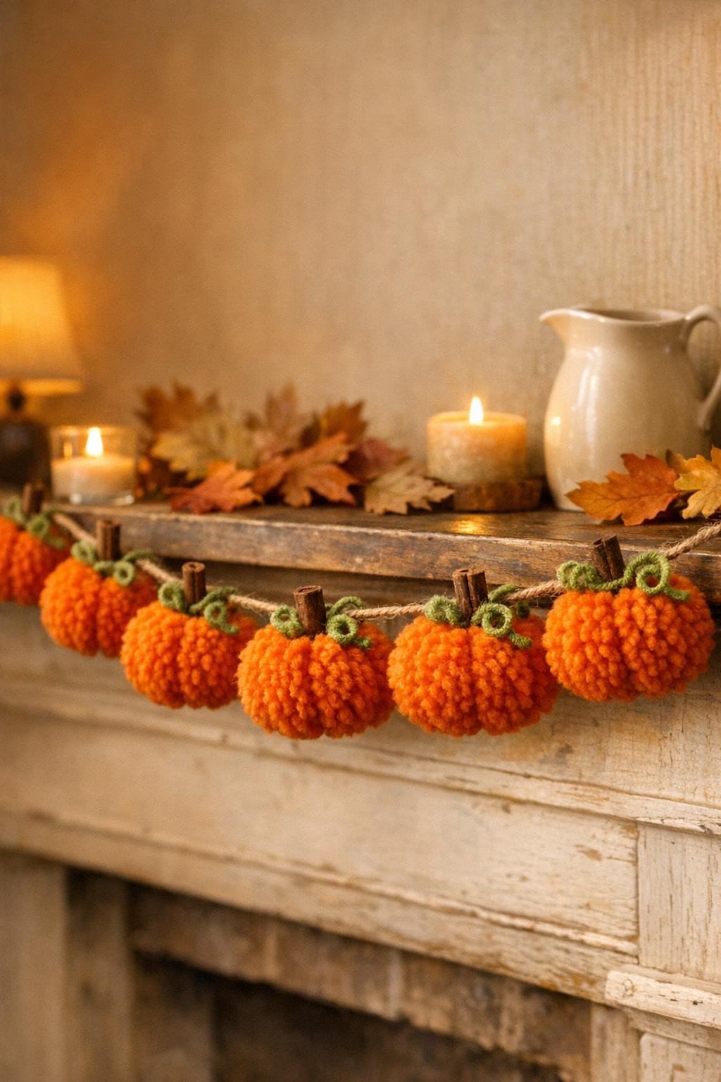 Finished mini yarn pumpkin garland hanging on a fall mantel