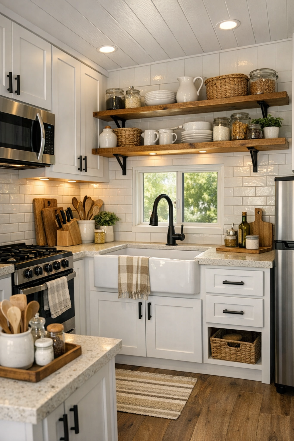 Farmhouse RV kitchen with shaker cabinets and light countertops