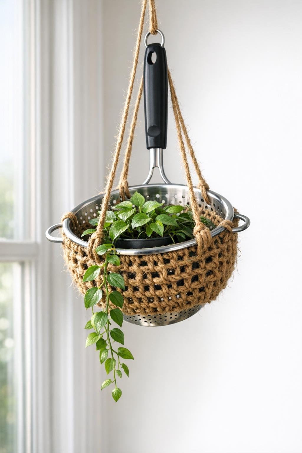 Finished crochet hanging planter made from a metal kitchen strainer