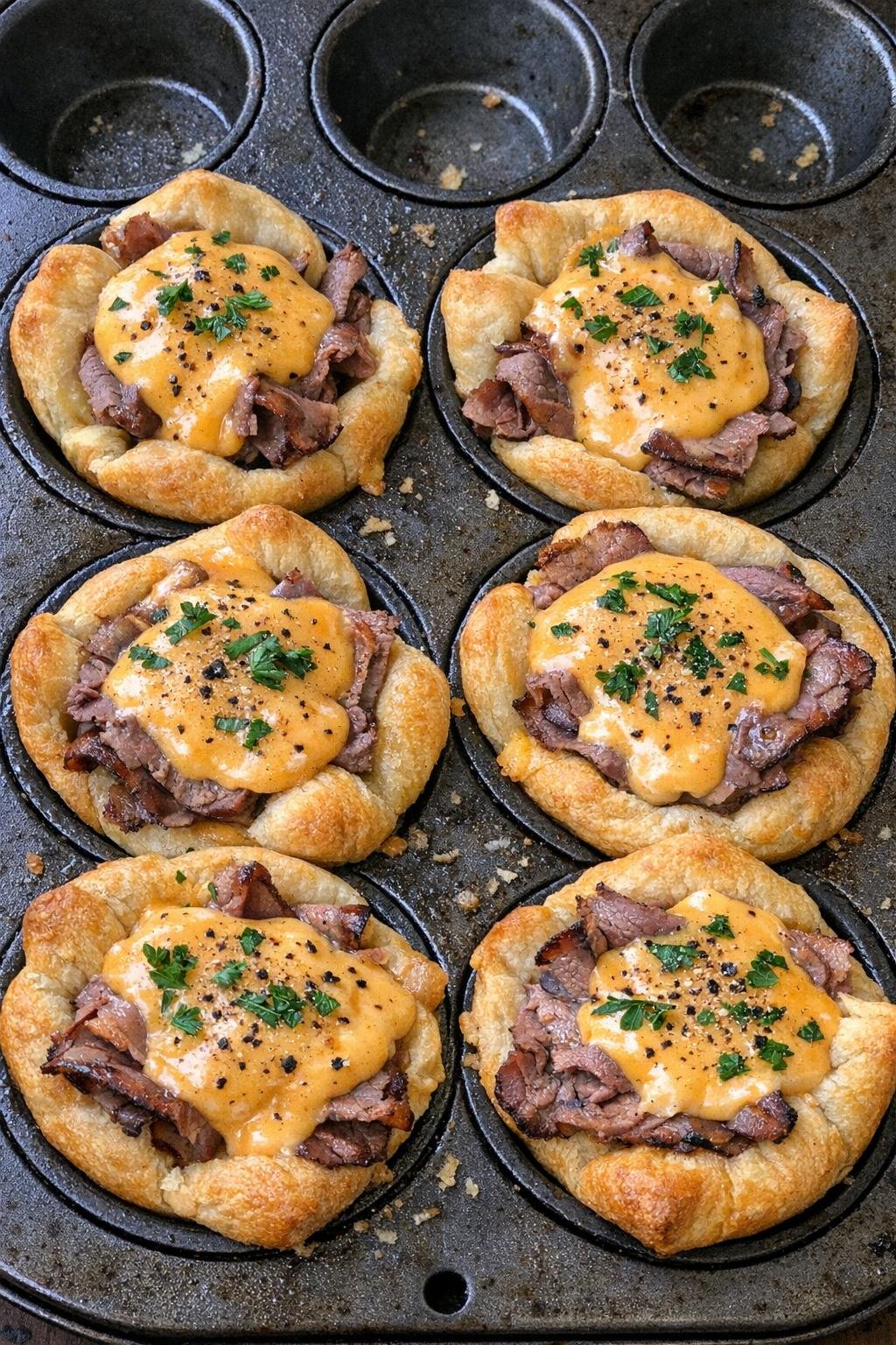 Golden crescent cups with roast beef and beer cheese in a muffin tin