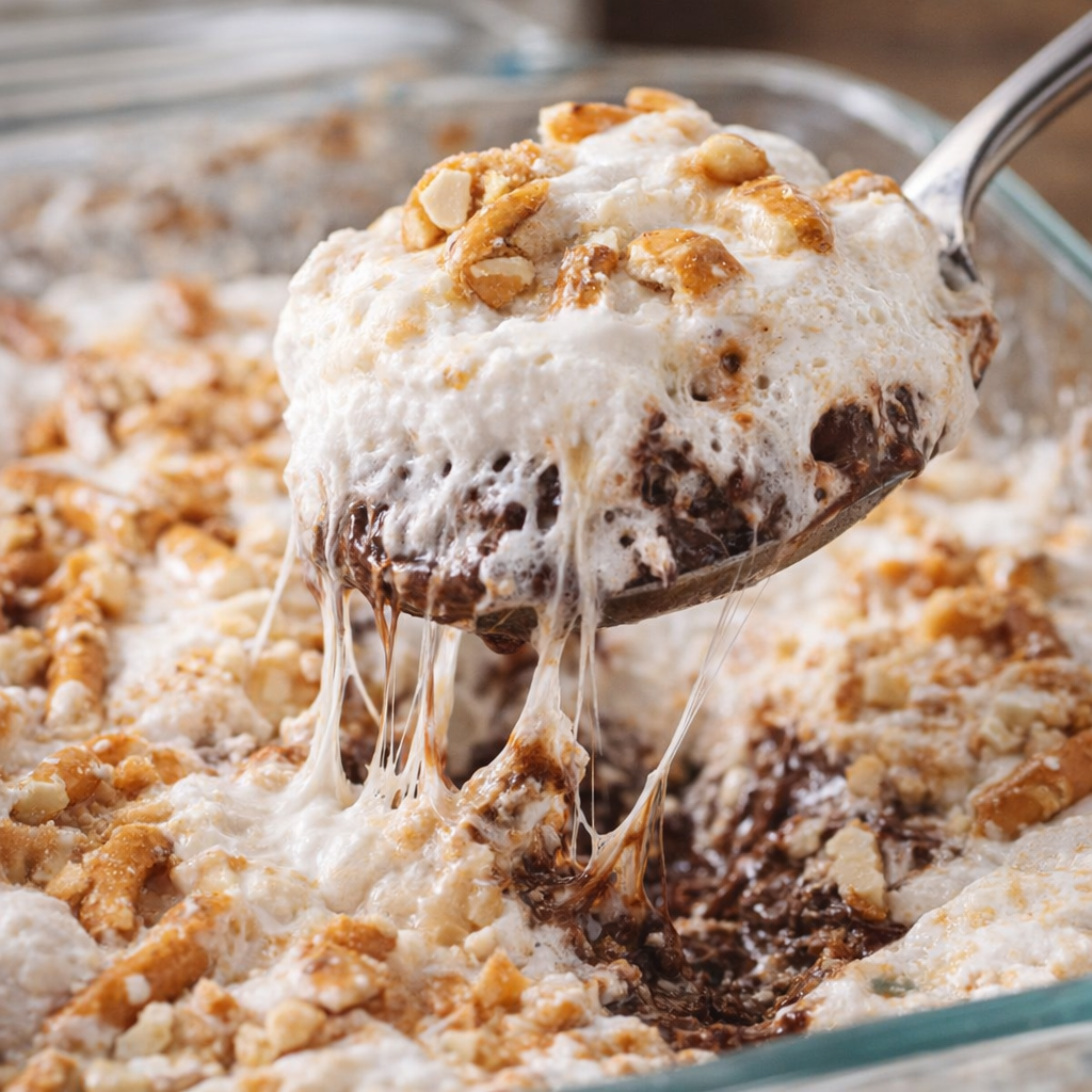 Close-up scoop showing gooey marshmallow and melted chocolate