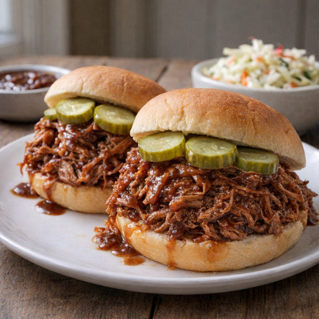 Shredded BBQ pork on sandwich buns with pickles