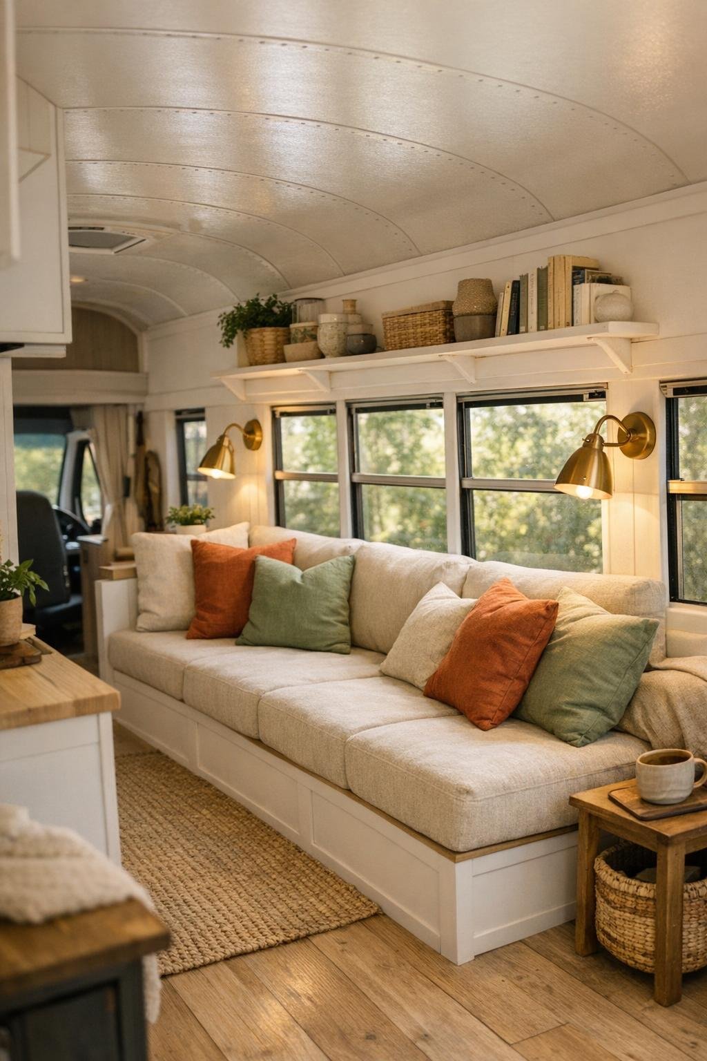 Compact shuttle bus living room with built-in bench seating and warm wood finishes