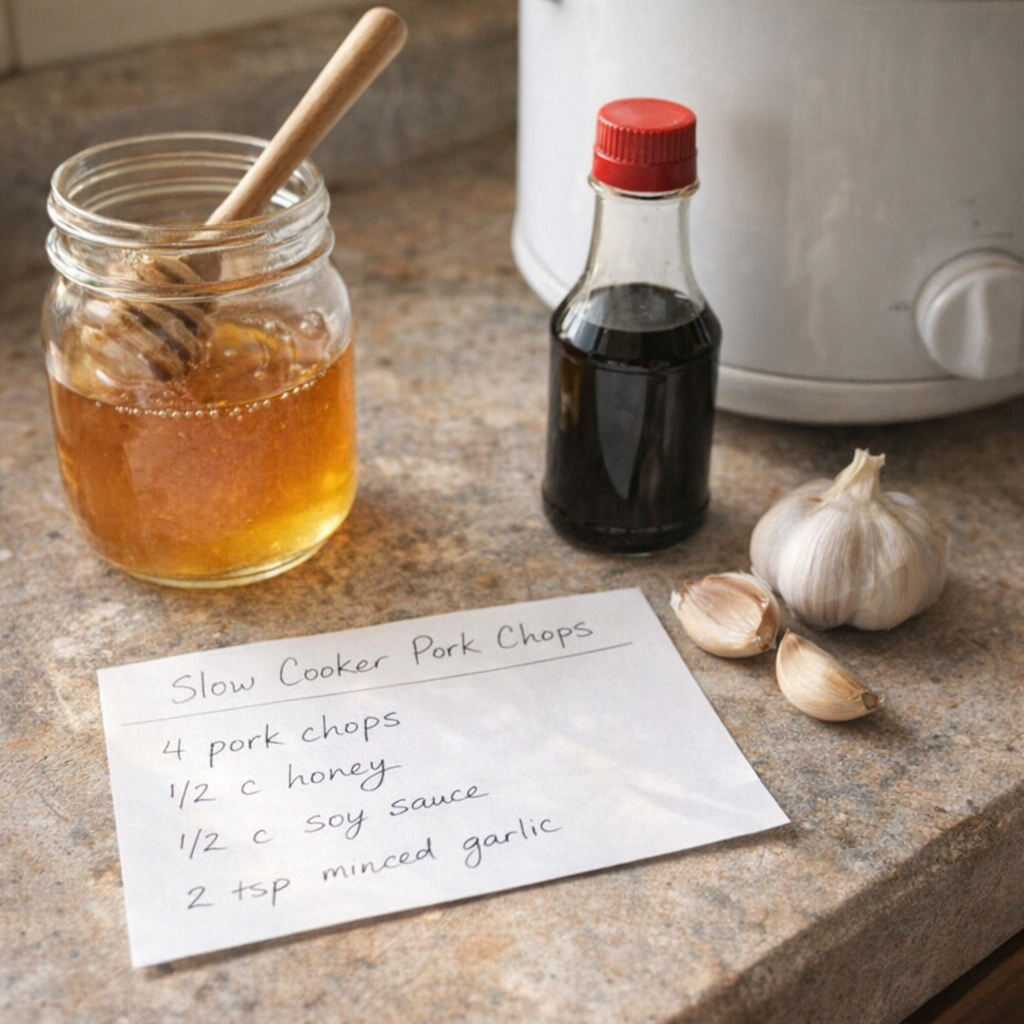 Handwritten recipe card beside pantry ingredients on a farmhouse counter