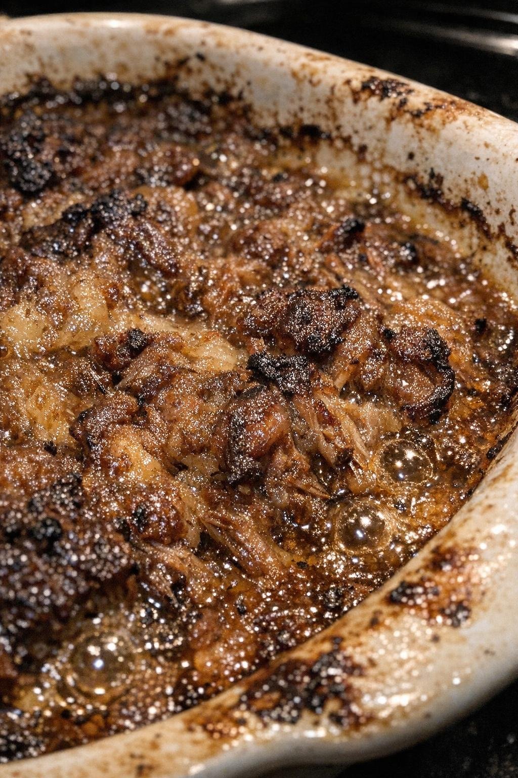 Finished bubbling caramelized casserole in a ceramic baking dish