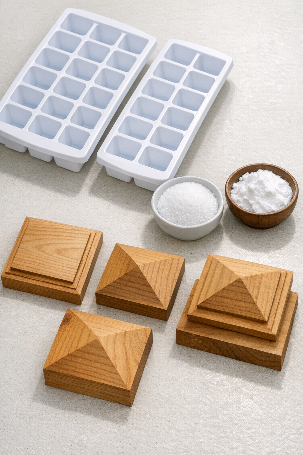 Materials for making deck post caps laid out on a worktable