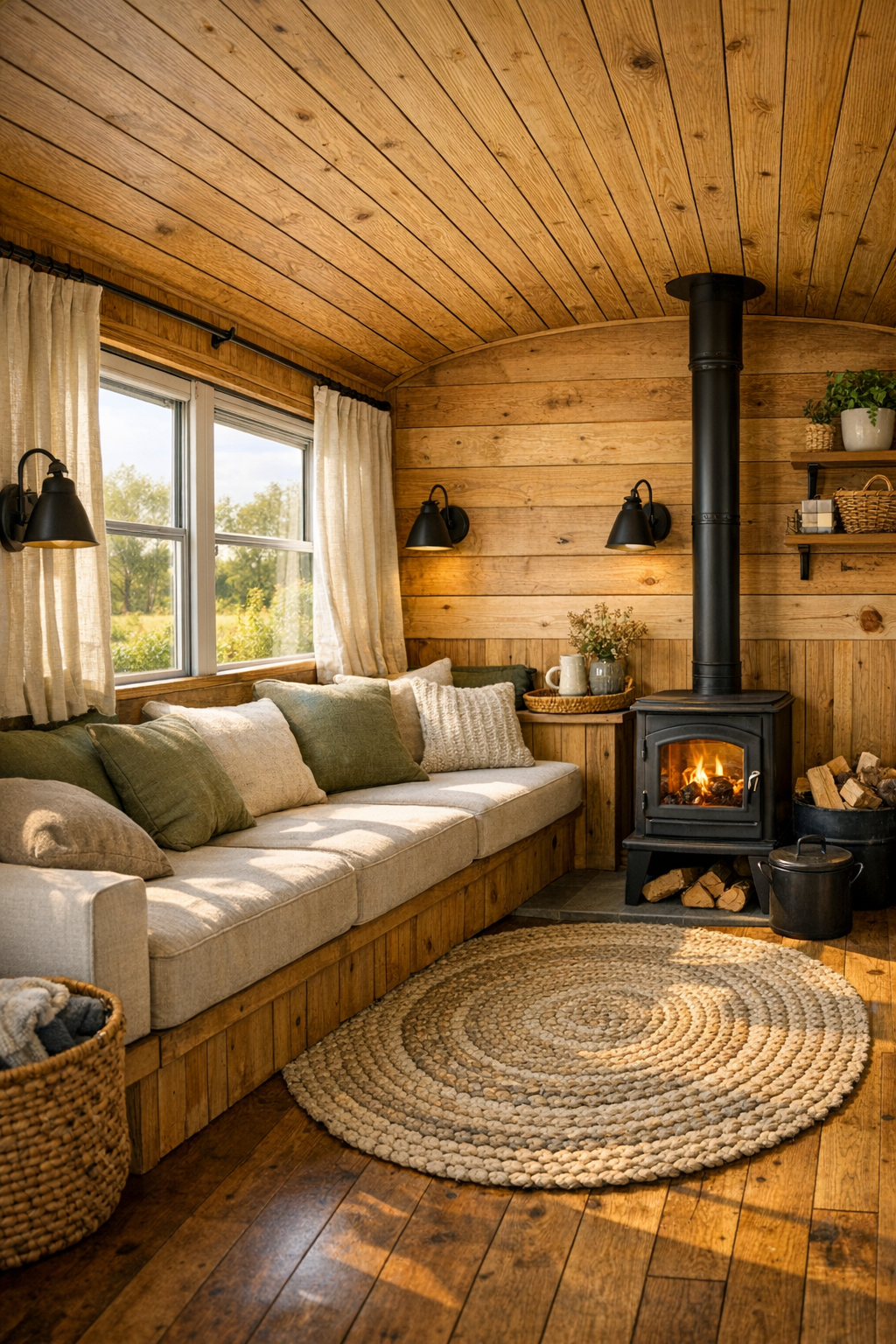 Rustic bus living room with built-in bench seating, wood walls, and a small stove