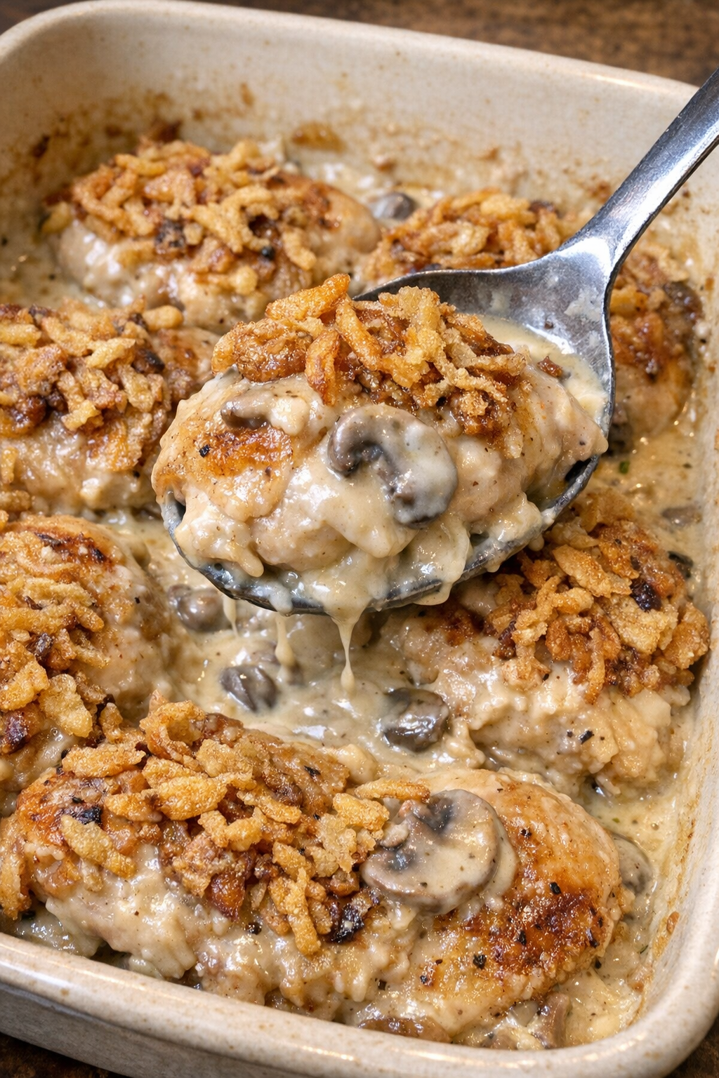 Golden brown chicken in creamy mushroom sauce with crispy onion topping