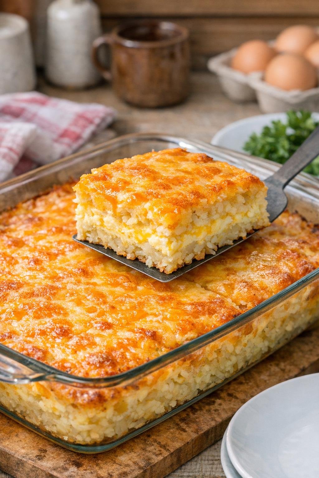 Baked hash brown breakfast casserole in a glass dish