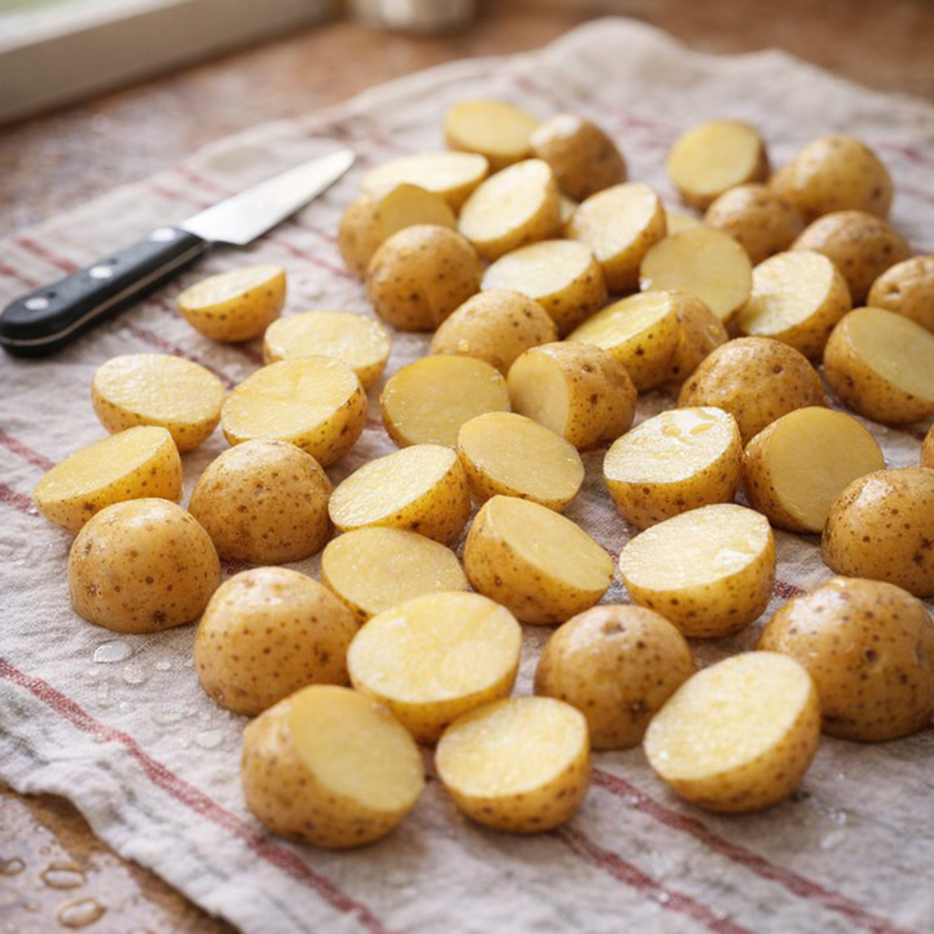 Halved baby gold potatoes on a kitchen towel