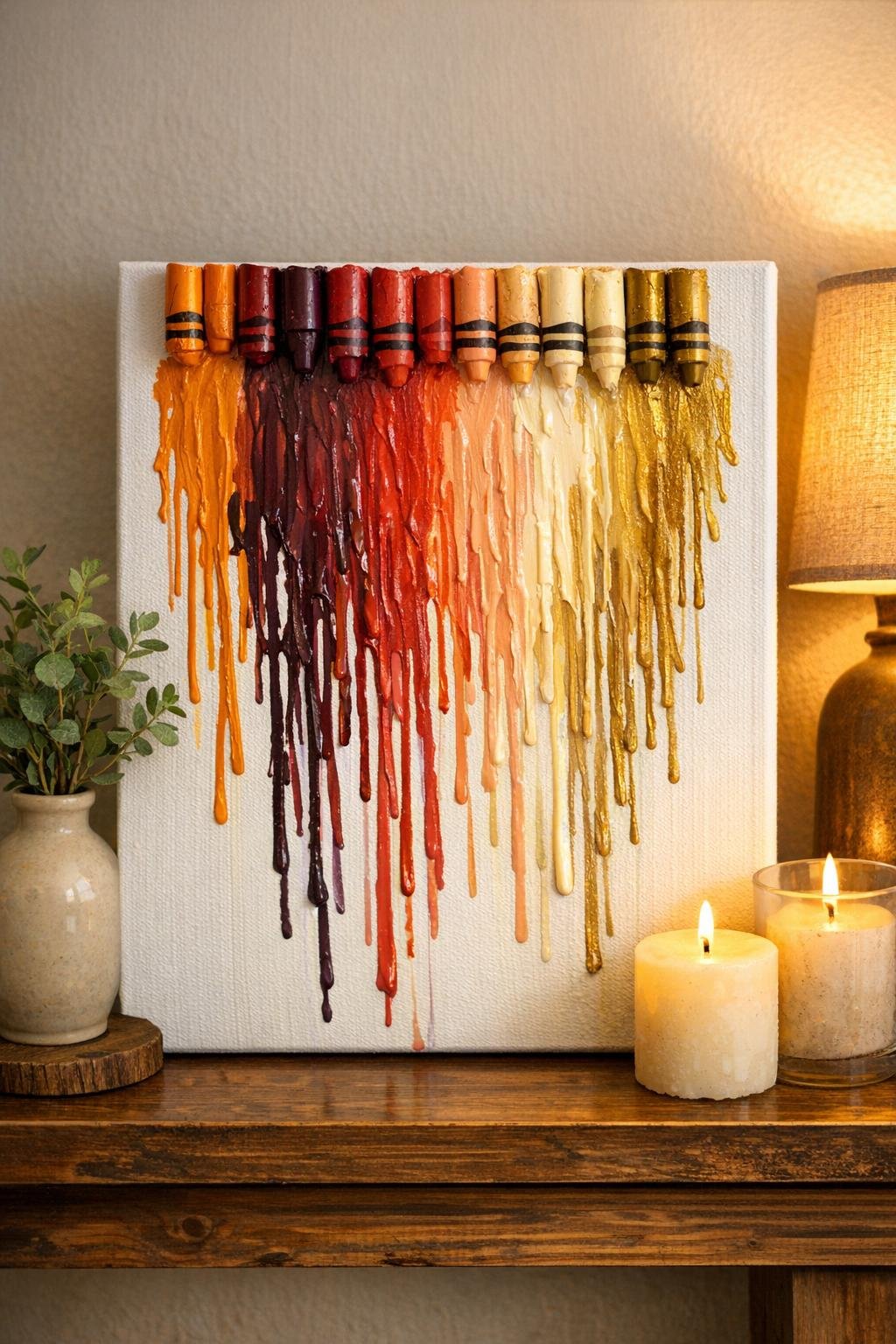 Finished dripped crayon canvas art displayed on a shelf